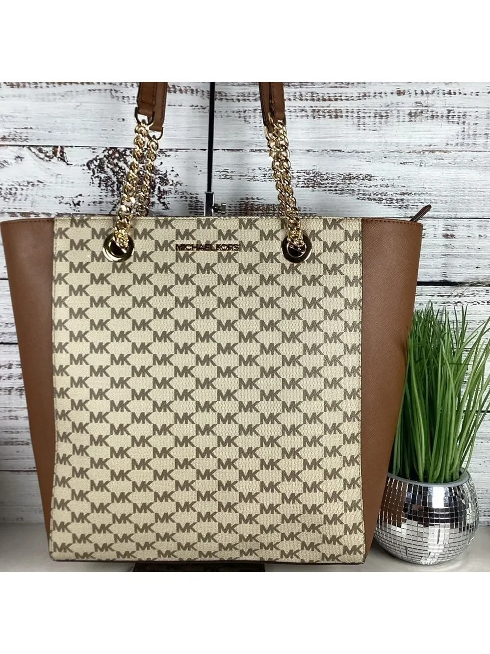 Michael‎ Kors Jet Set Chain Large work Tote Bag Brown tan signature laptop NWT